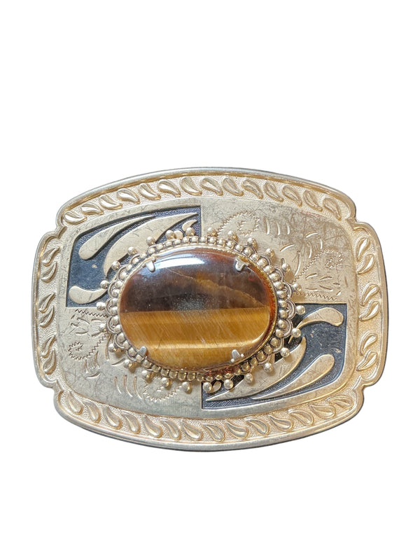 Vintage Tiger Eye Belt Western Style Gold Tone with Natural Stone Buckle