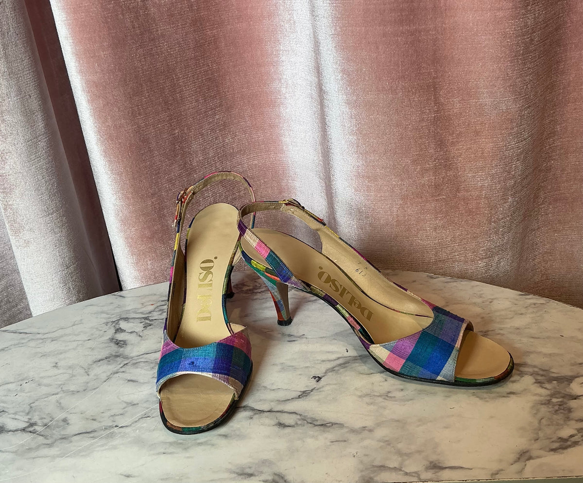 Vintage 1960s Deliso raw silk plaid open toe slingback hi heelb 6/6.5