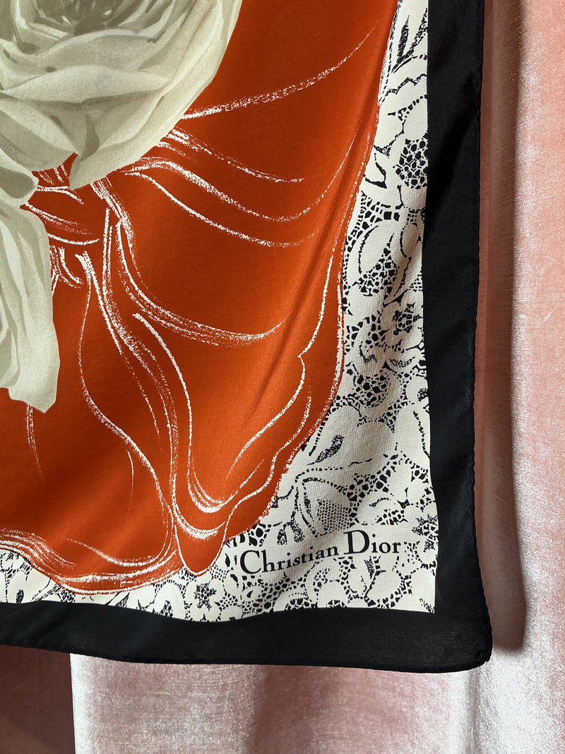 Vintage Y2K Elegant Christian Dior Floral White Roses & Lace Pattern silk scarf