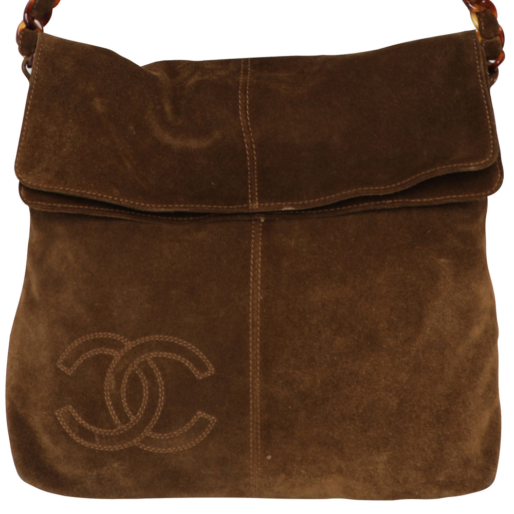 Y2K Chanel Brown Suede Leather Hobo Shoulder Bag w/ Tortoise