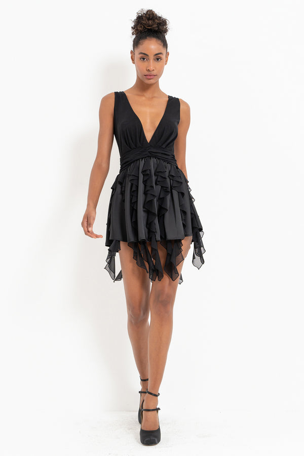 Cassidy Mesh V Neck Ruffle Skater Mini Dress - Black