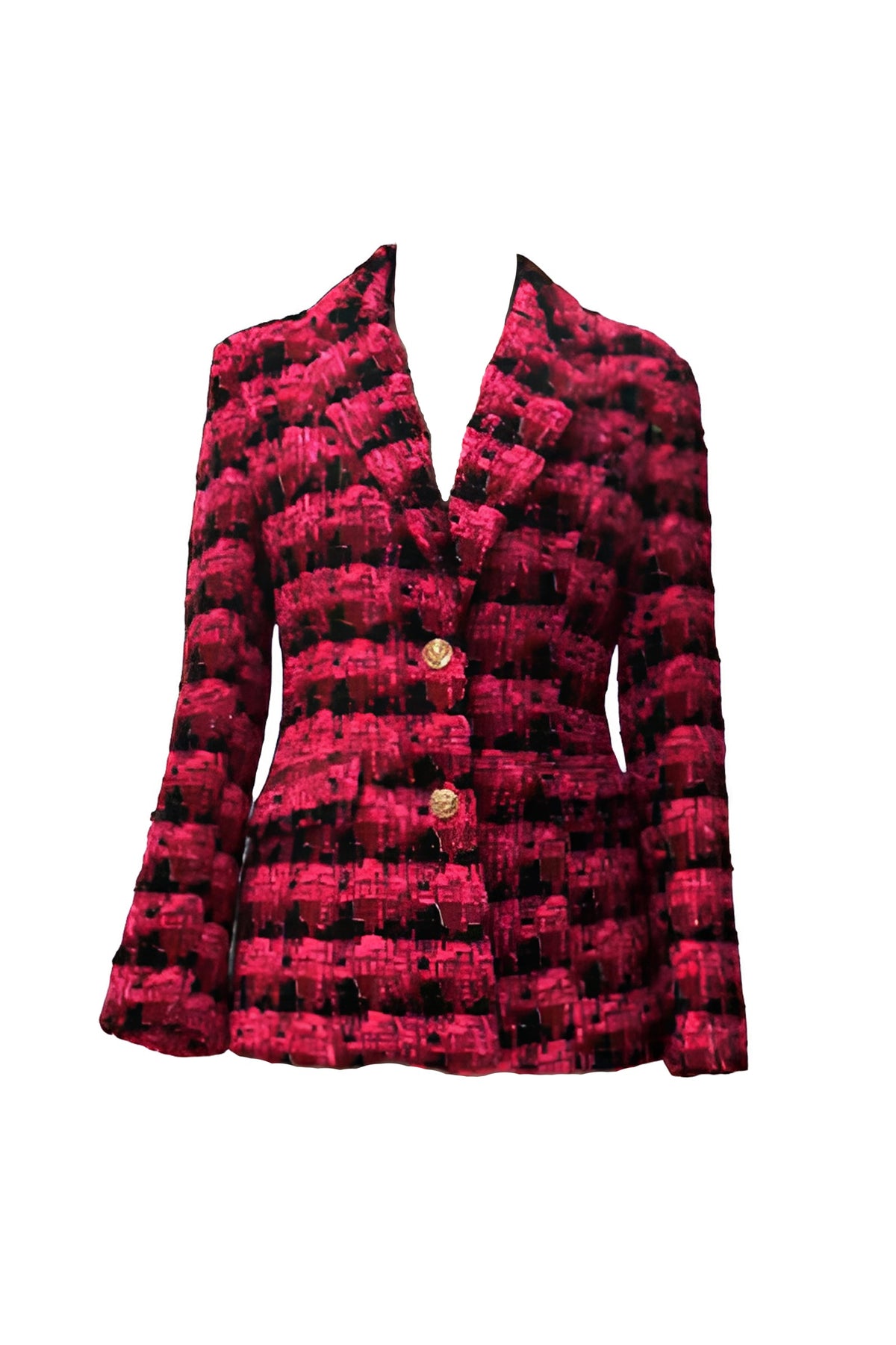 Chanel Style Boucle Tweed Plaid Blazer - Red/Hot Pink/Black