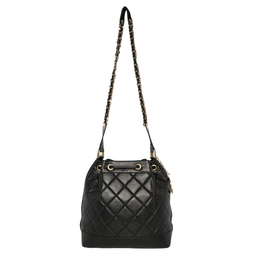 Vintage 1980s Chanel Leather Lambskin Quilted Bucket Bag - Black/Gold