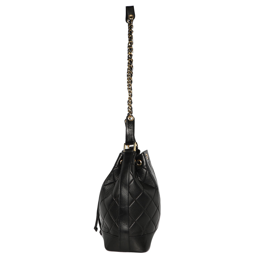 Vintage 1980s Chanel Leather Lambskin Quilted Bucket Bag - Black/Gold