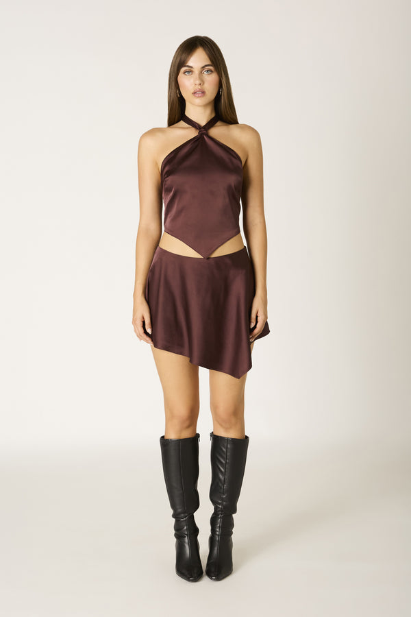 Charlize Satin Hankerchief Asymmetrical Mini Skirt - Chocolate