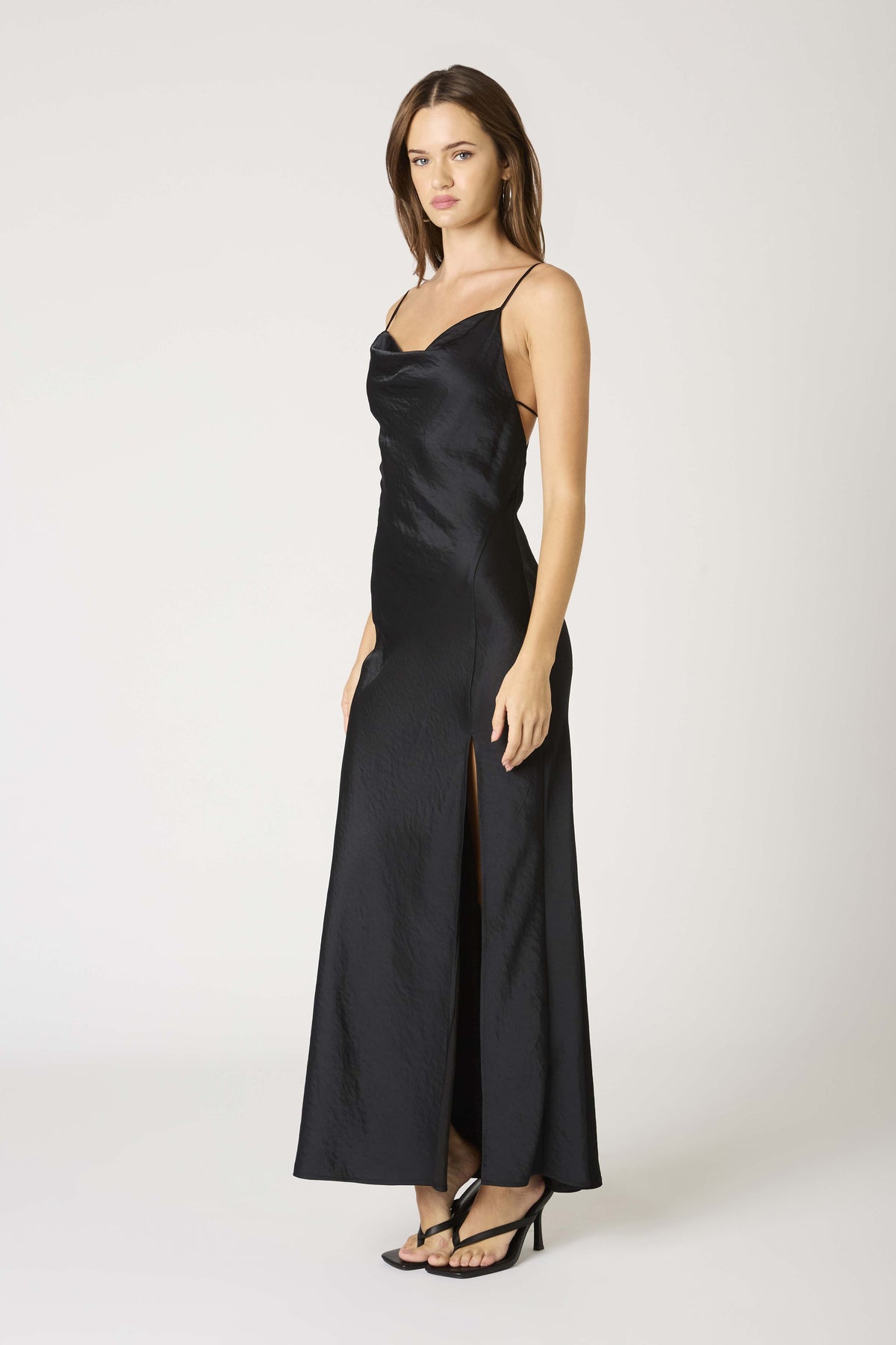 Elodie Cowl Satin Slip Maxi Dress Formal Gown - Black