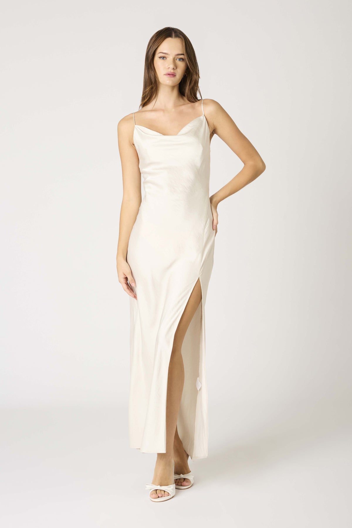 Elodie Cowl Satin Slip Maxi Dress Formal Gown - Pearl