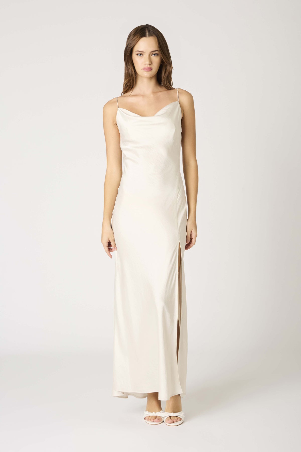 Elodie Cowl Satin Slip Maxi Dress Formal Gown - Pearl