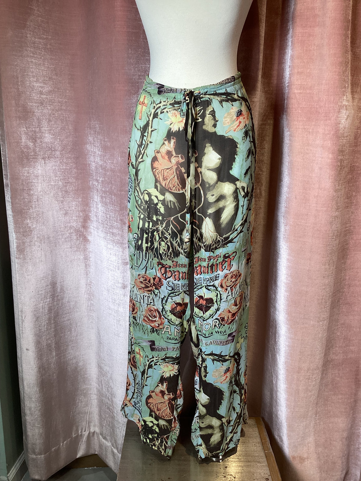 Vintage y2k 90s Jean Paul Gaultier female figure heart roses printed chiffon wide leg drawstring pants US 10 Large