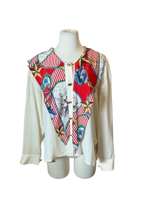 Vintage 80s Nautical Sailor scarfs Collar Maritime Print White Button Up top