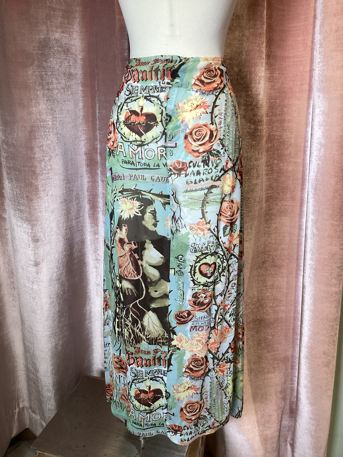 Vintage 90s y2k Jean Paul Gaultier maille religious cross roses motif mesh Rayon printed skirt