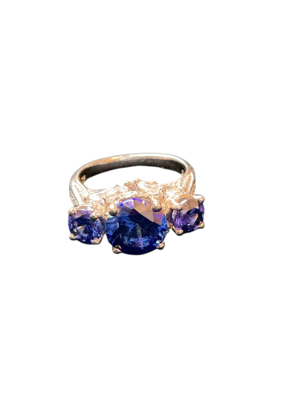 Vintage 70’s 925 silver Vibrant Tanzanite Trilogy Oval & Round Tanzanite Gemstone Ring 7