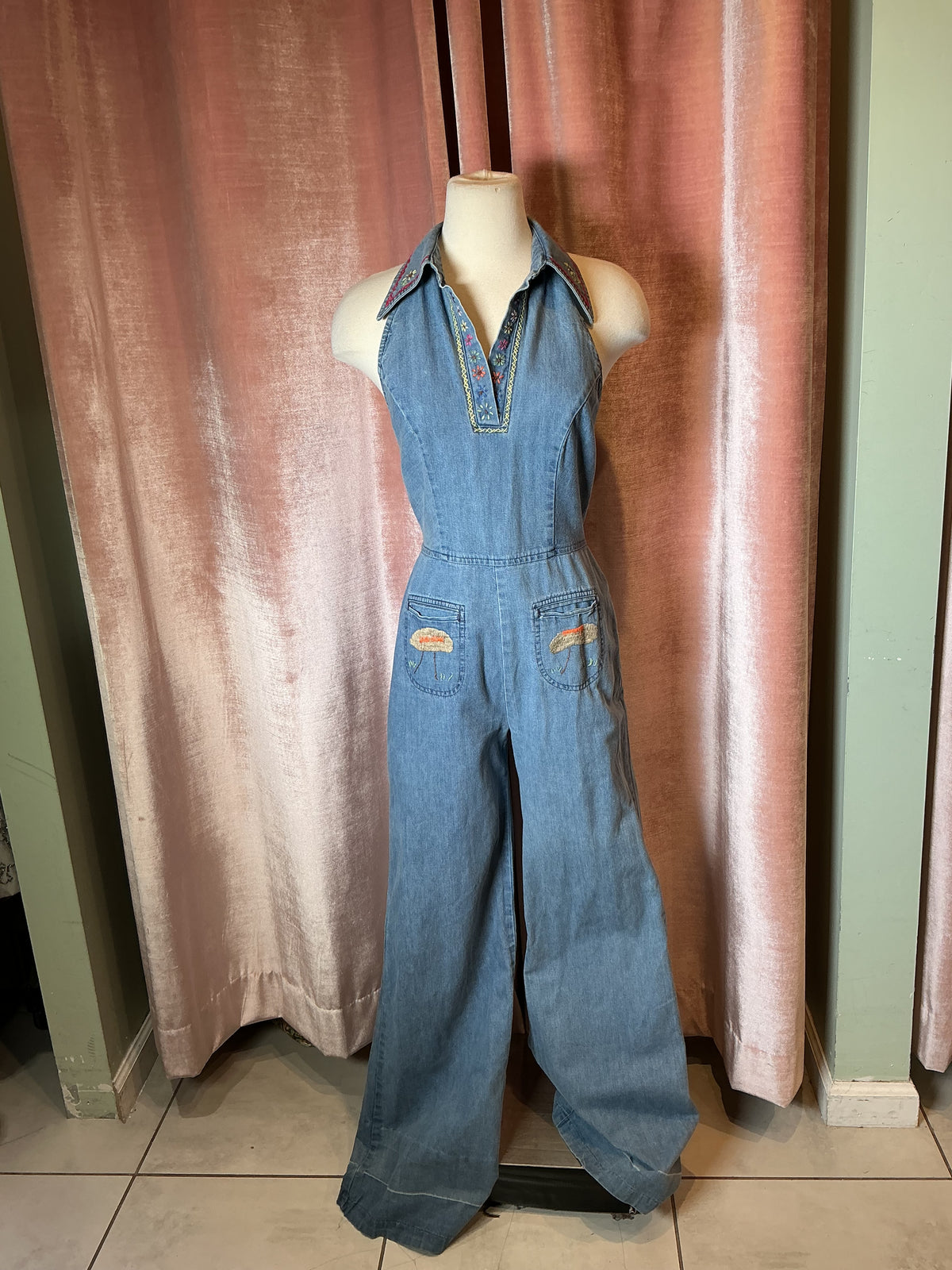 Vintage 1970’s denim collared embroidery hippie Woodstock jumpsuit S