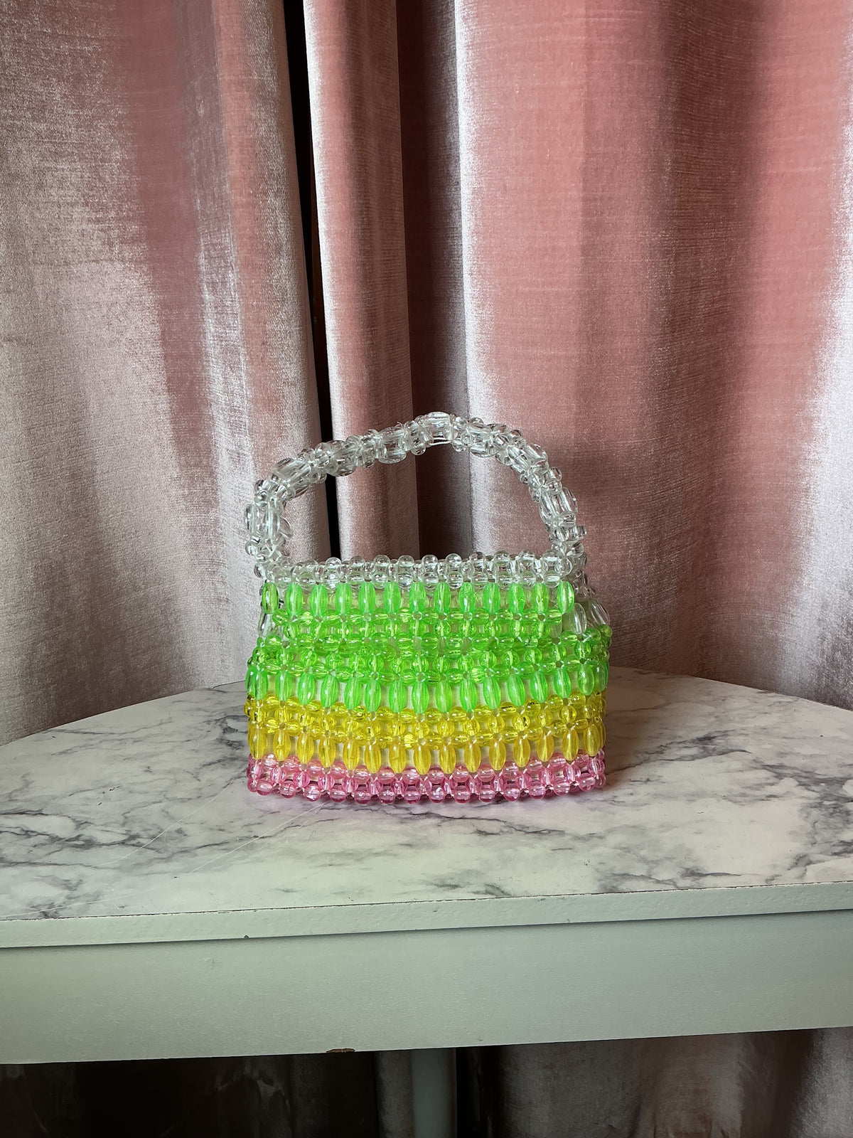 vintage 1960s lucite neon plastic beaded top handle mini handbag