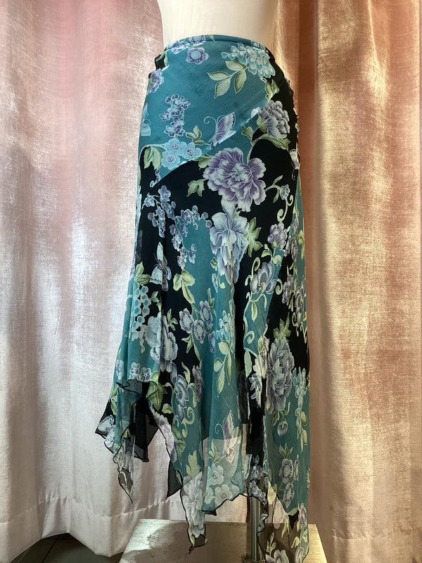 Y2K Sunny Leigh silk chiffon floral Handkercheif midi Skirt
