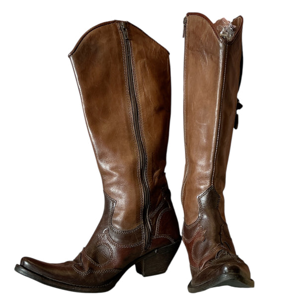Vintage Y2K chocolate brown leather knee high zip up western cowboy cowgirl boots size 37cucite a Mano Vero Cuoio