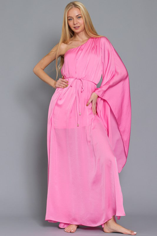 Merope Angel Sleeve One Shoulder Maxi Dress Gown - Pink