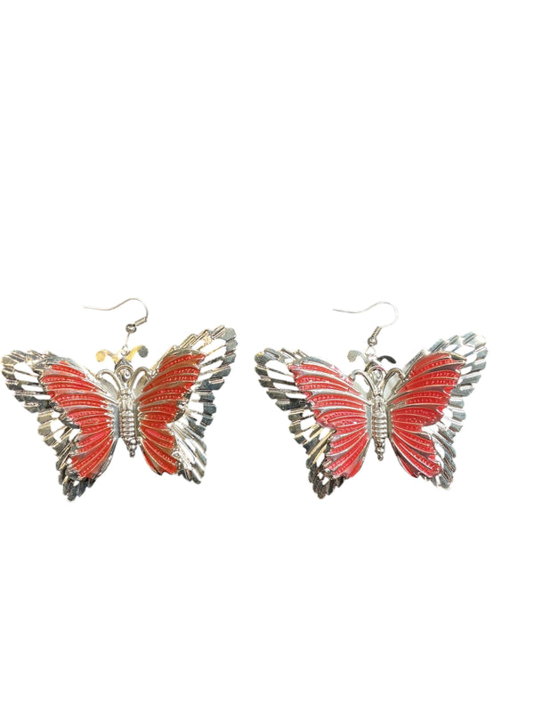 Vintage Y2K oversized Enamel pink butterfly dangle silver Earrings