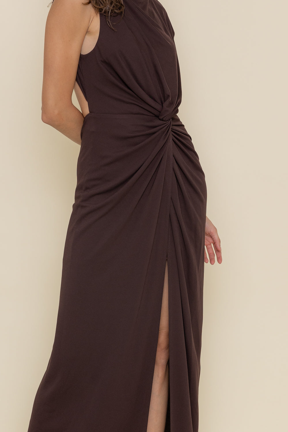 Godiva Ruched Cupro Cut Out Maxi Dress - Dark Chocolate