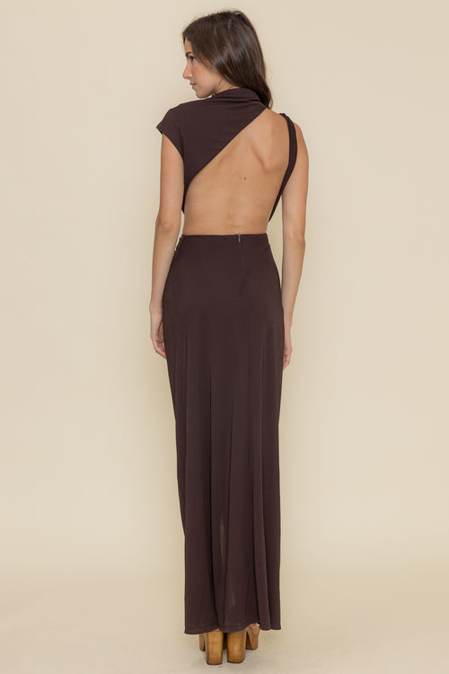 Godiva Ruched Cupro Cut Out Maxi Dress - Dark Chocolate