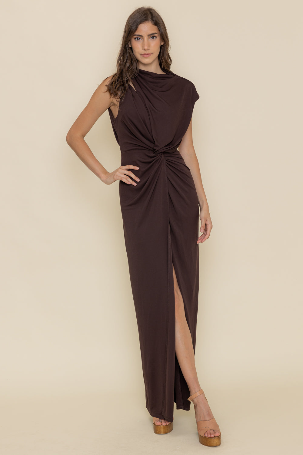 Godiva Ruched Cupro Cut Out Maxi Dress - Dark Chocolate