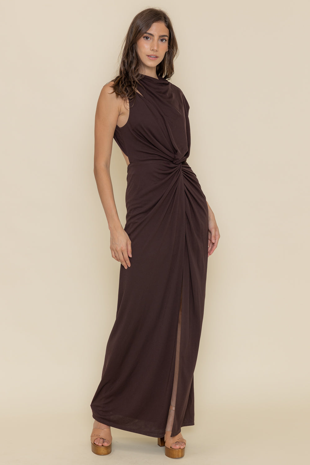 Godiva Ruched Cupro Cut Out Maxi Dress - Dark Chocolate