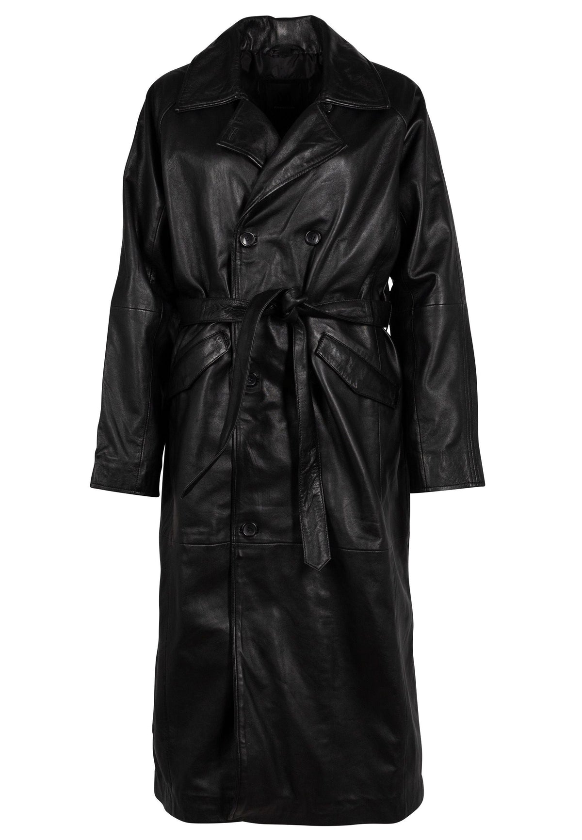 Deniz Unisex Leather Trench Coat Jacket - Black