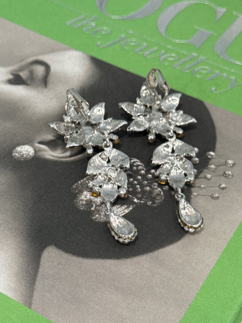 Vintage 1980s Statement CZ Flower Drop Crystal Clip Earrings