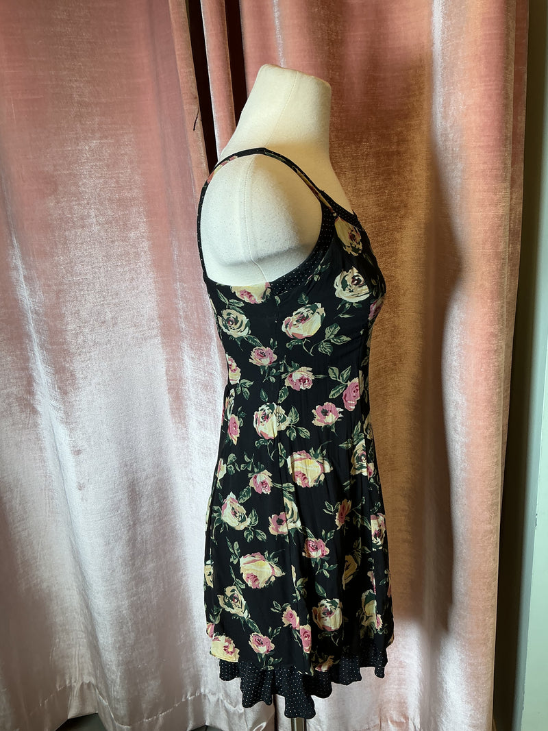 Vintage 90’s rayon floral polka dot mini a line skater slip dress S
