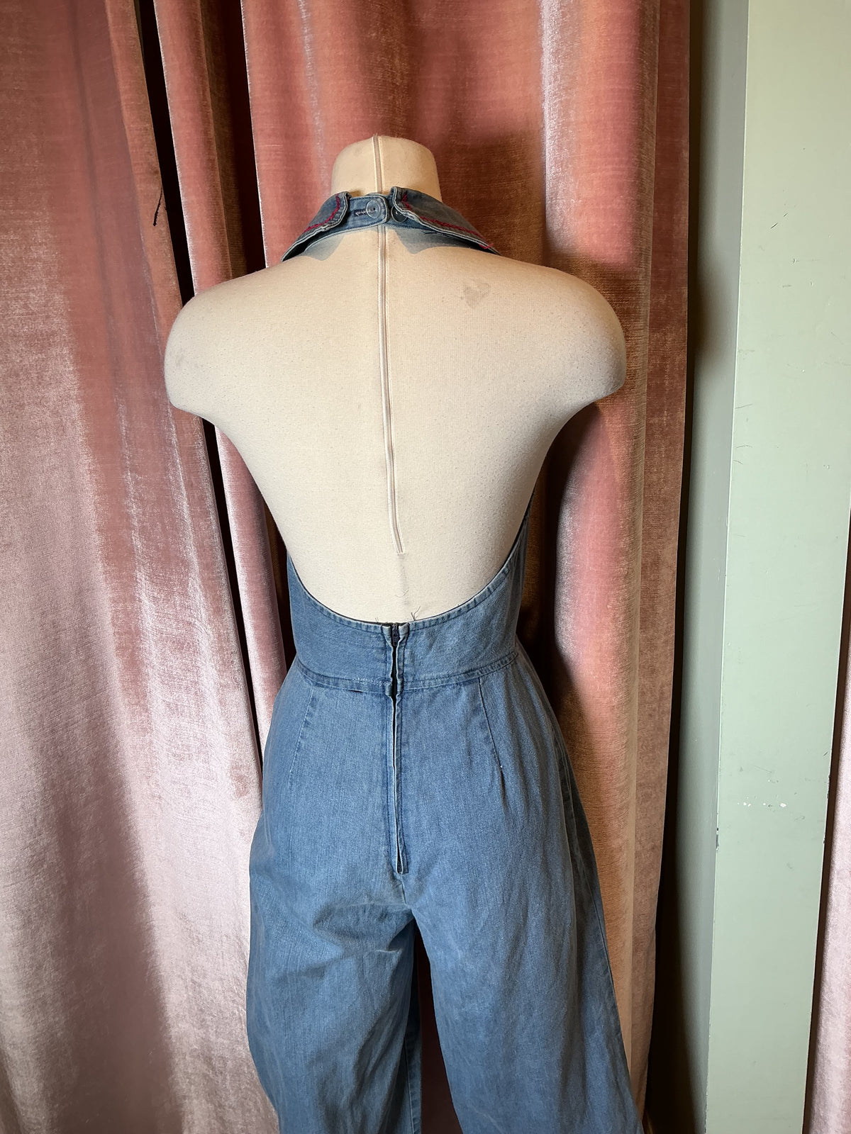 Vintage 1970’s denim collared embroidery hippie Woodstock jumpsuit S