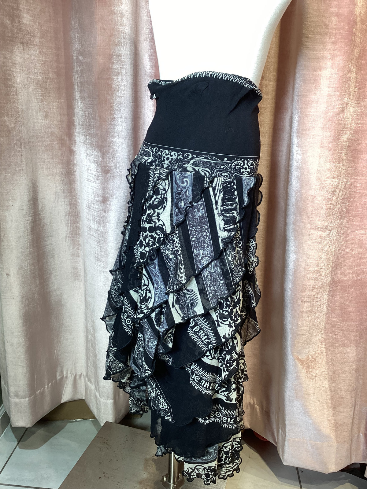 Vintage Y2K jean Paul Gaultier soliel mesh boho floral stripe tiered maxi skirt Medium