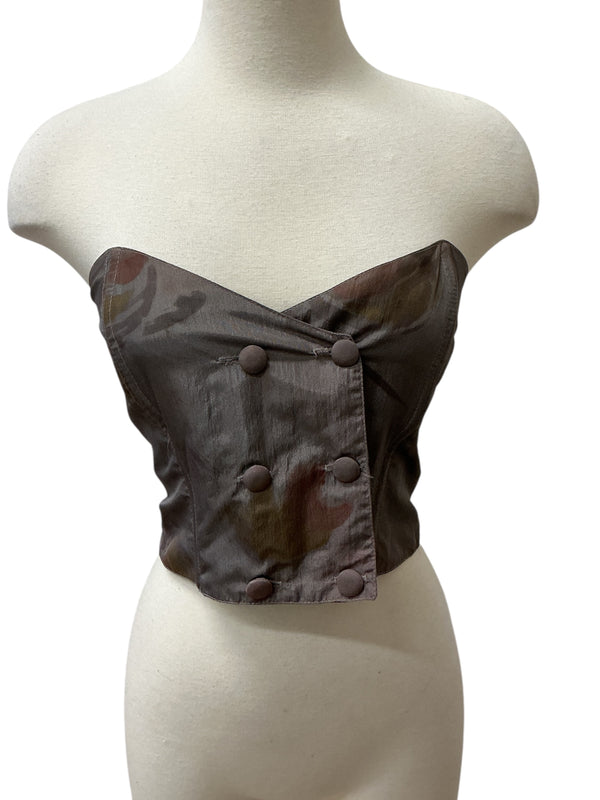 Vintage Y2K Dark Floral Print Strapless Corset Top with Button Details S