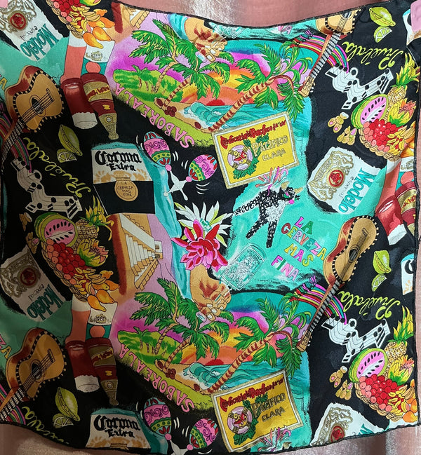 Vintage 90s Nicole Miller Mexican inspired Corona Modelo Silk Scarf