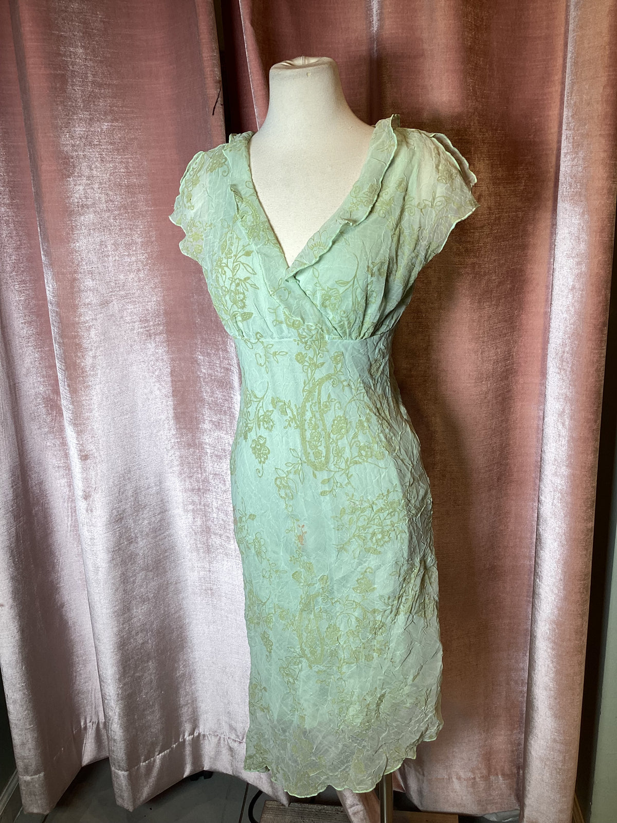 Vintage Y2K CDC poly crinkle chiffon surplice floral midi dress - S/M