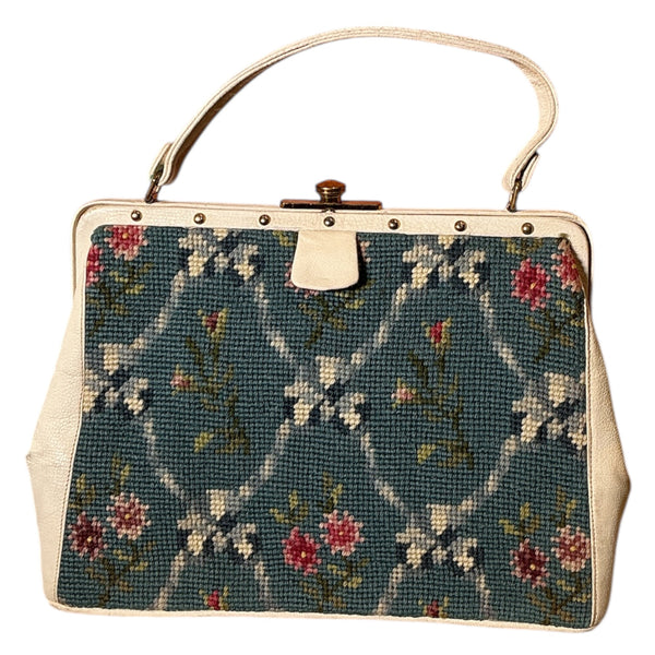 Vintage 1950s Berger Bags Tapestry Floral Needlepoint Leather Metal Frame Handbag