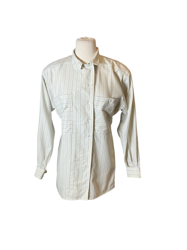 Vintage 90s Striped Button-Down White & Grey Pinstripe Blouse Collared Shirt S
