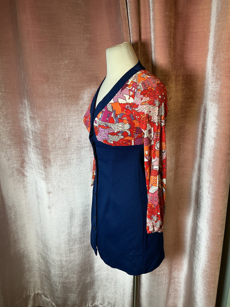 Vintage 70’s novelty print button down mini dress XS