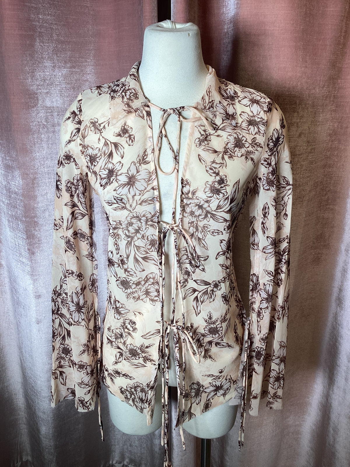 Vintage Y2K sheer floral tie collared bell Sleeve boho blouse-S