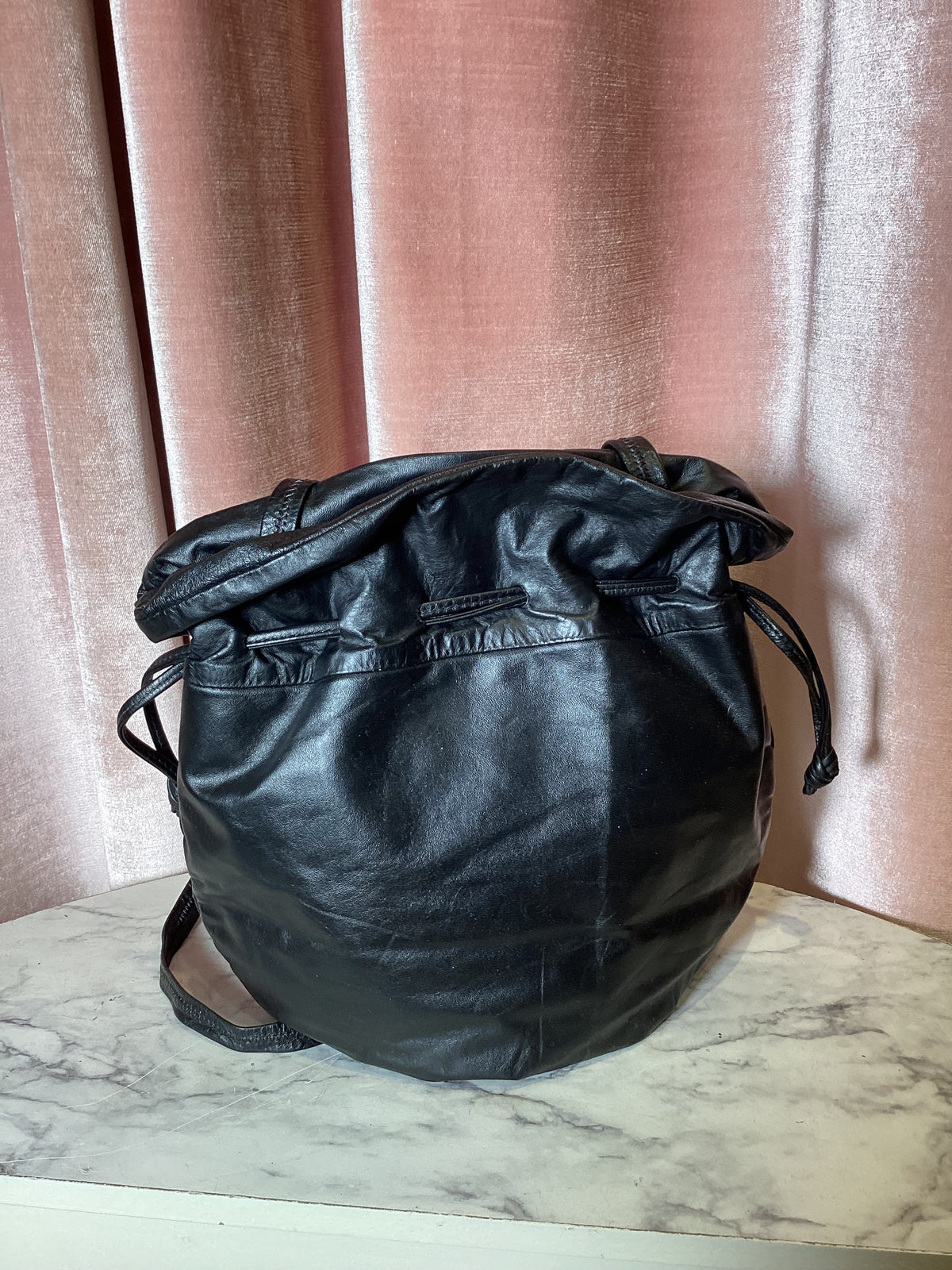 Vintage 1980s Leather Drawstring rhinestone Cross body Bag