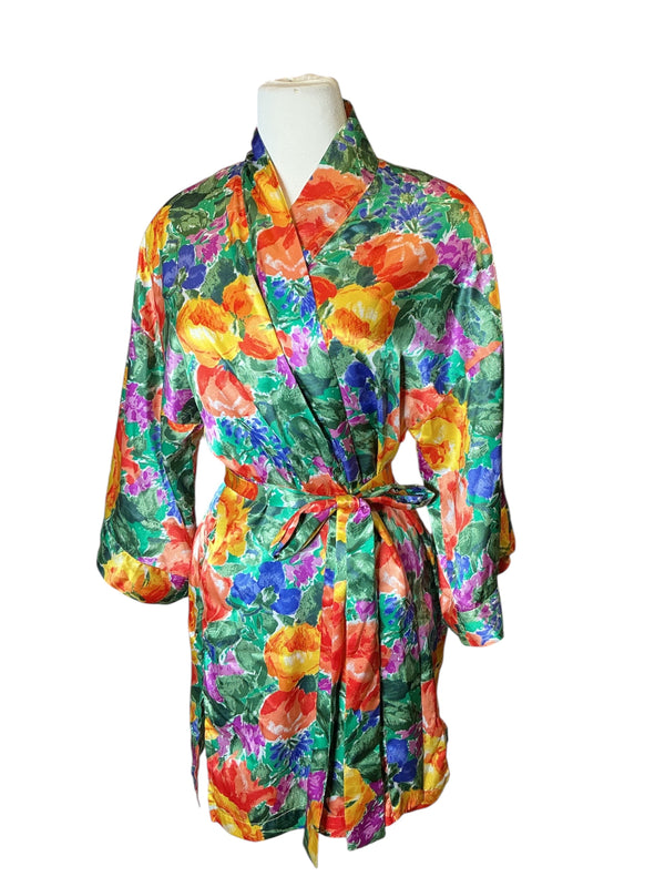 Vintage colorfull Victoria's Secret Gold Label Satin Kimono Short Floral Robe.