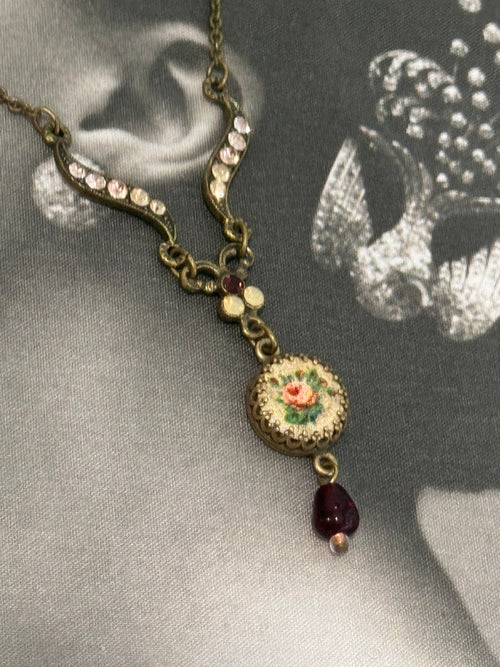 Vintage 90s Michael Negrin Rose Guiloche Enamel Garnet Victorian Pendant