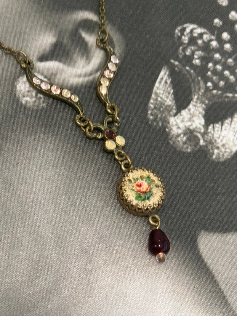 Vintage 90s Michael Negrin Rose Guiloche Enamel Garnet Victorian Pendant