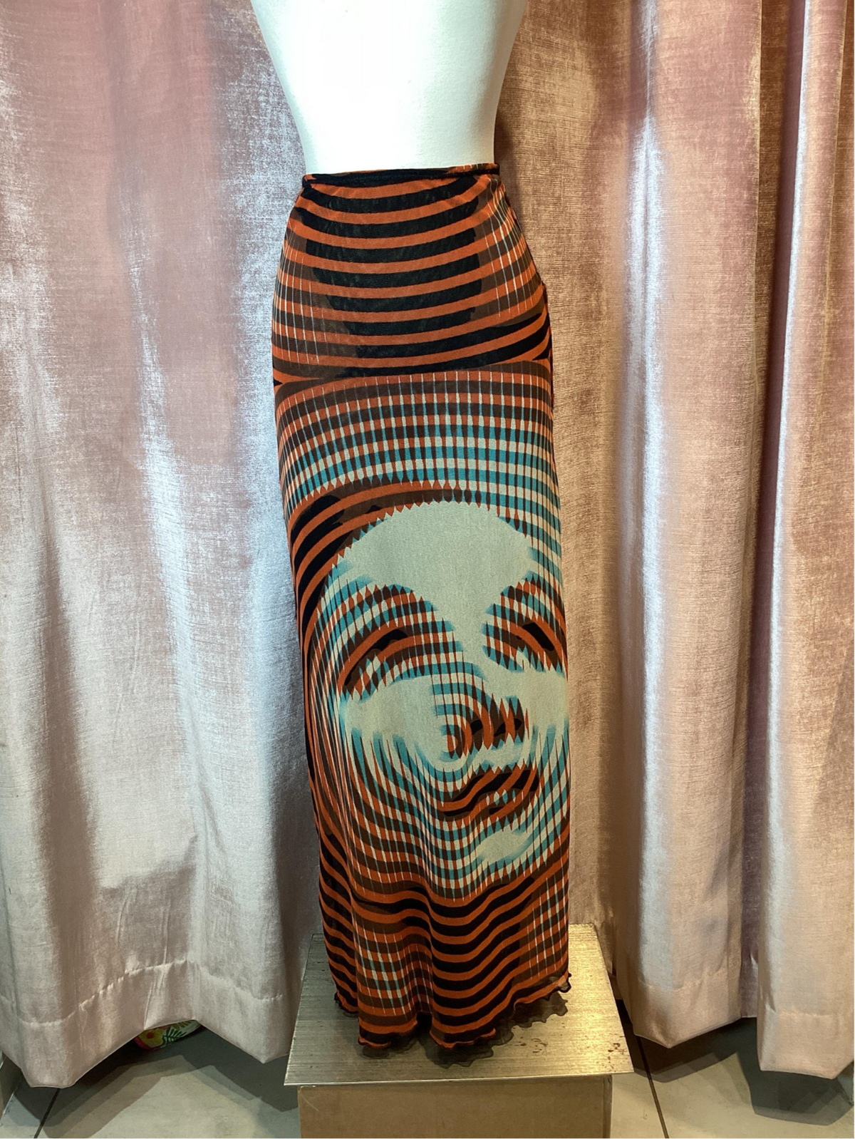 Y2K 90s Jean Paul Gaultier Soliel Maille Face Optical Illusion Photo Print Skirt Medium