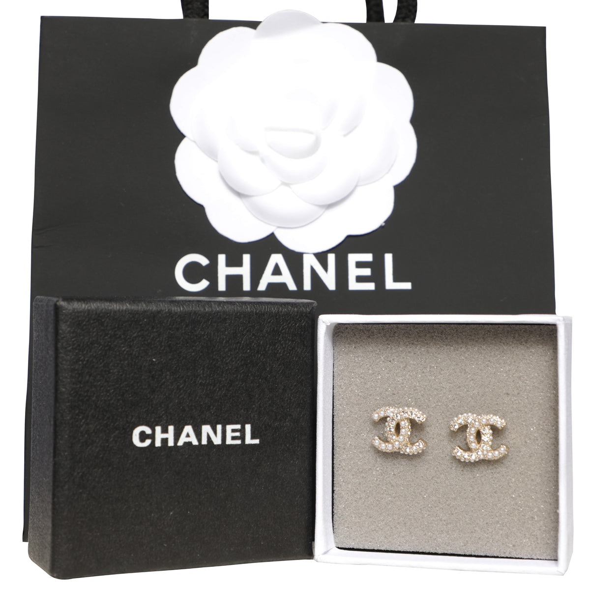 Chanel CC Logo Pearl Rhinestone Post Earrings