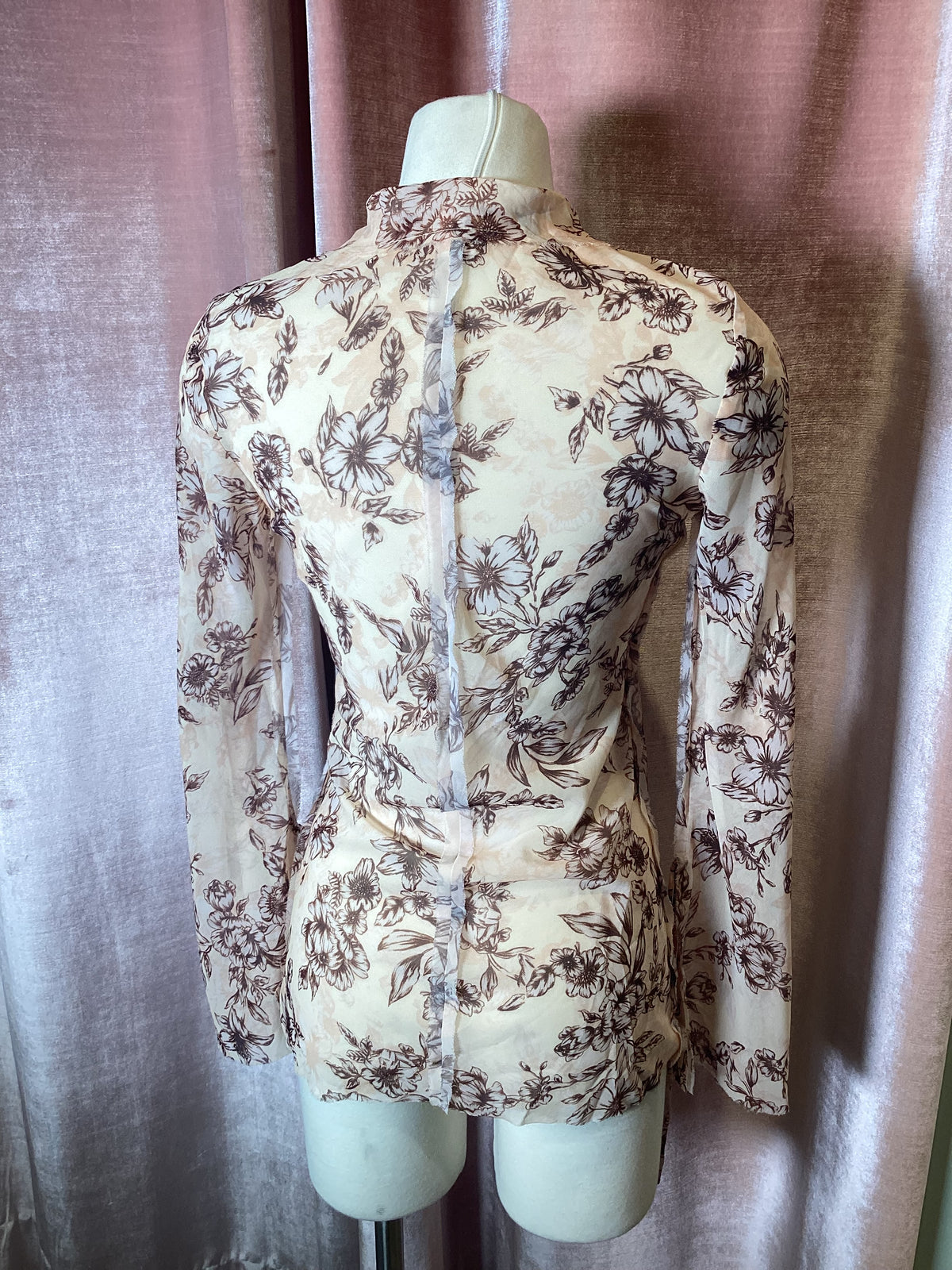 Vintage Y2K sheer floral tie collared bell Sleeve boho blouse-S