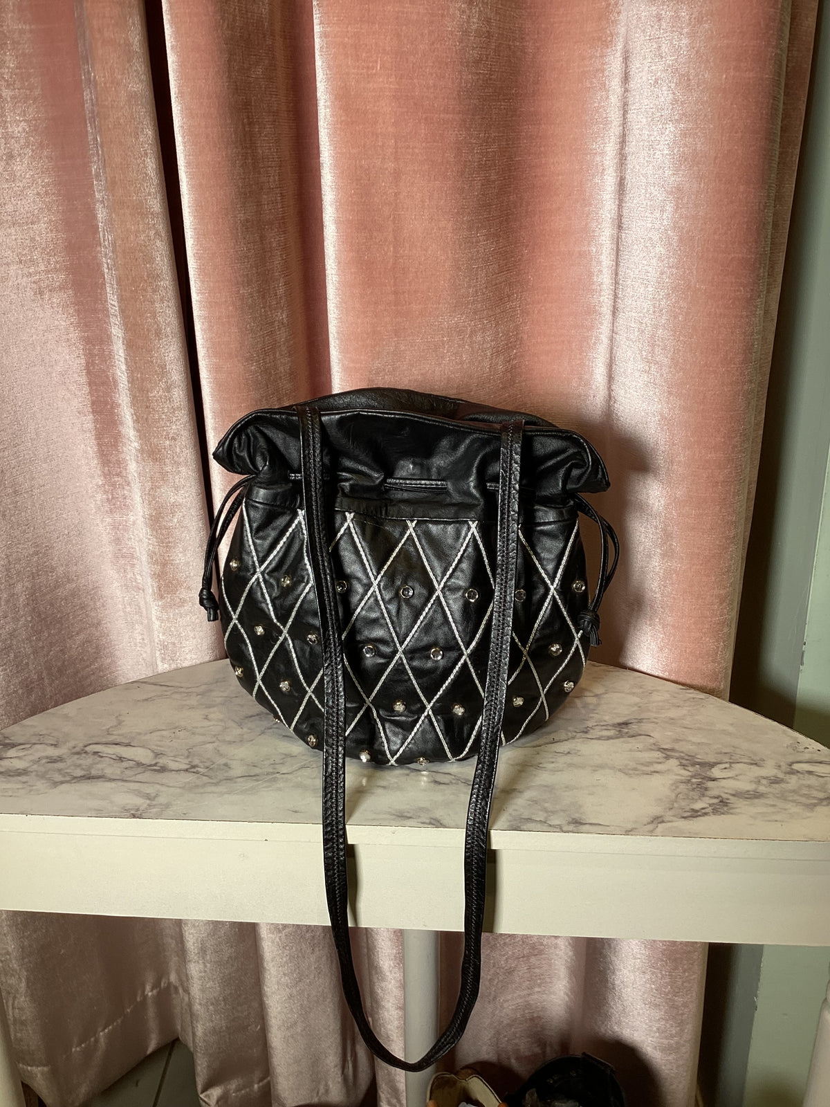 Vintage 1980s Leather Drawstring rhinestone Cross body Bag