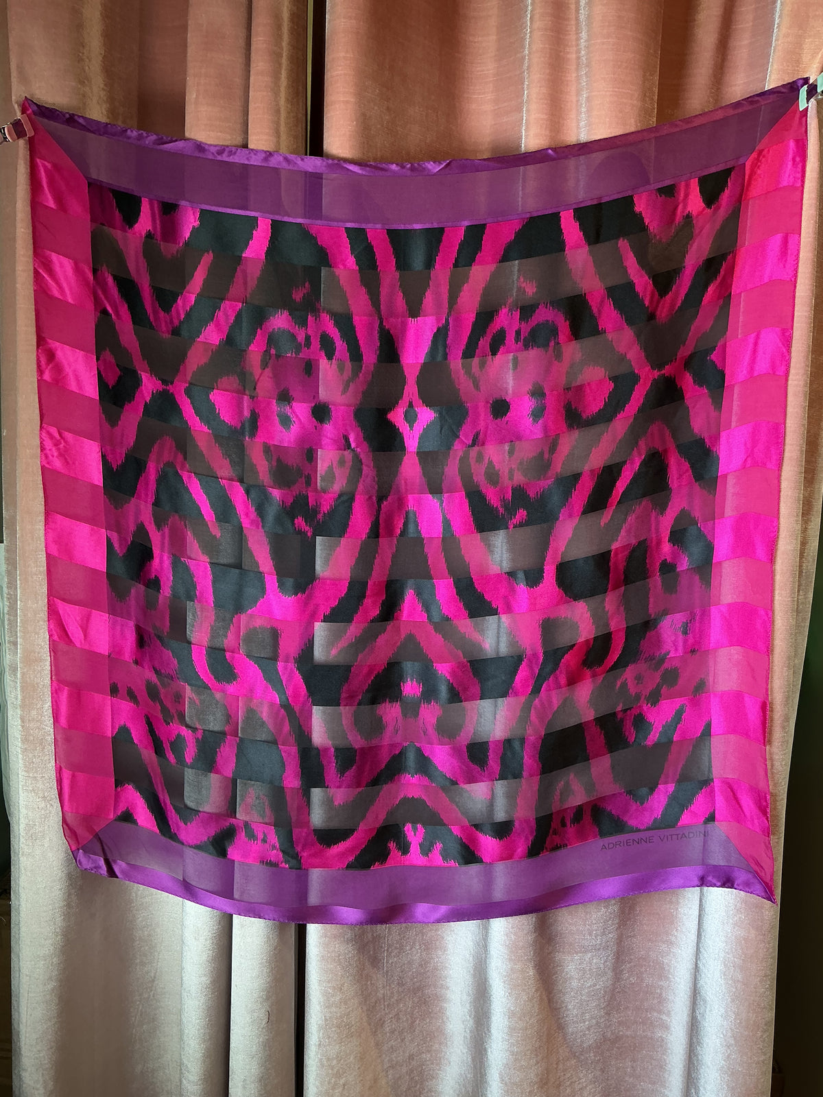 Vintage Y2K Adrienne Vittadini Fuchsia & Black Silk Chiffon Bold Ikat Print silk Scarf