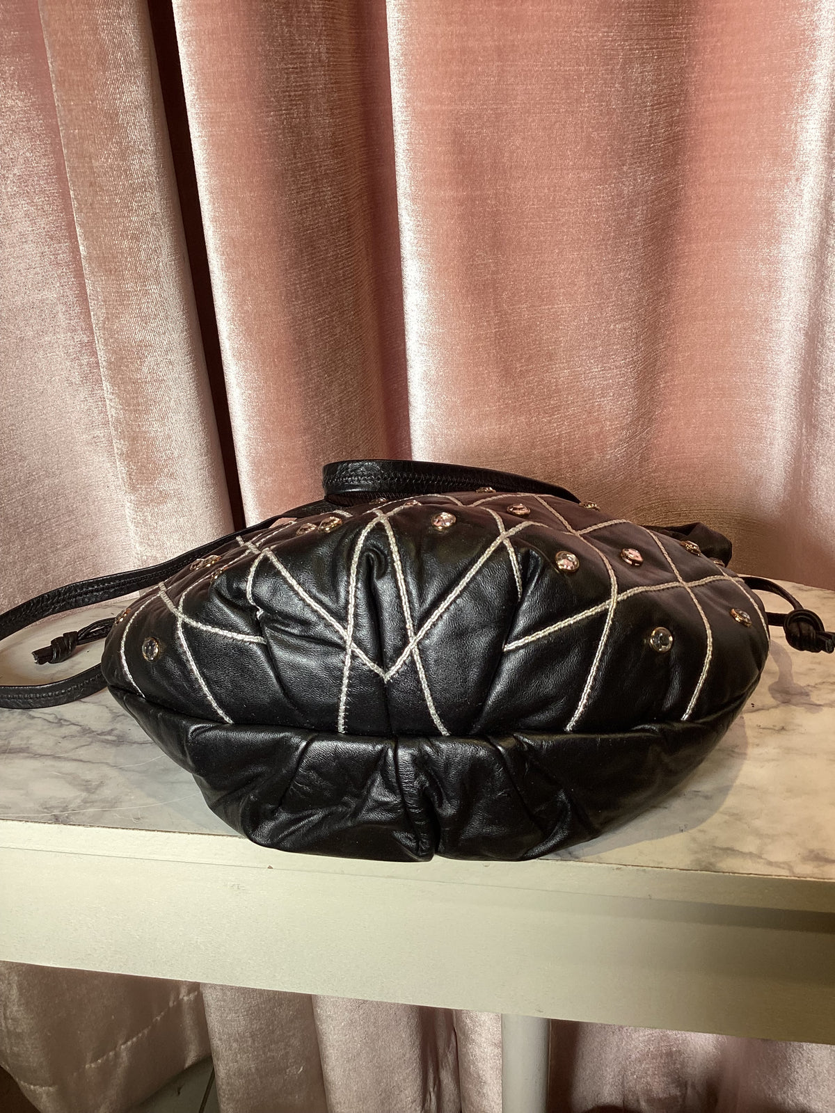Vintage 1980s Leather Drawstring rhinestone Cross body Bag
