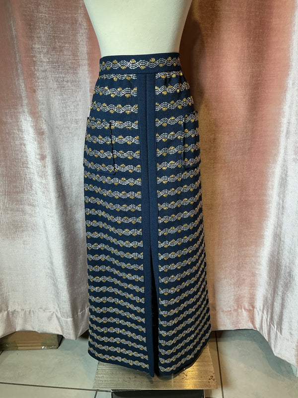 Vintage 70’s poly acrylic metallic knit nautical pocket high waist maxi slit skirt M