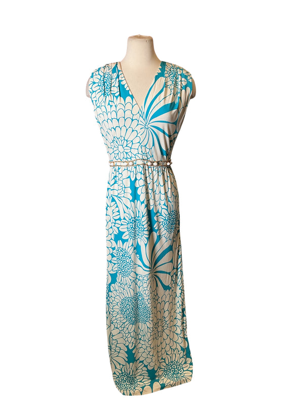 Vintage 70s Floral Teal & White Mod Print rhinestone shell accents V-Neck Summer dress M